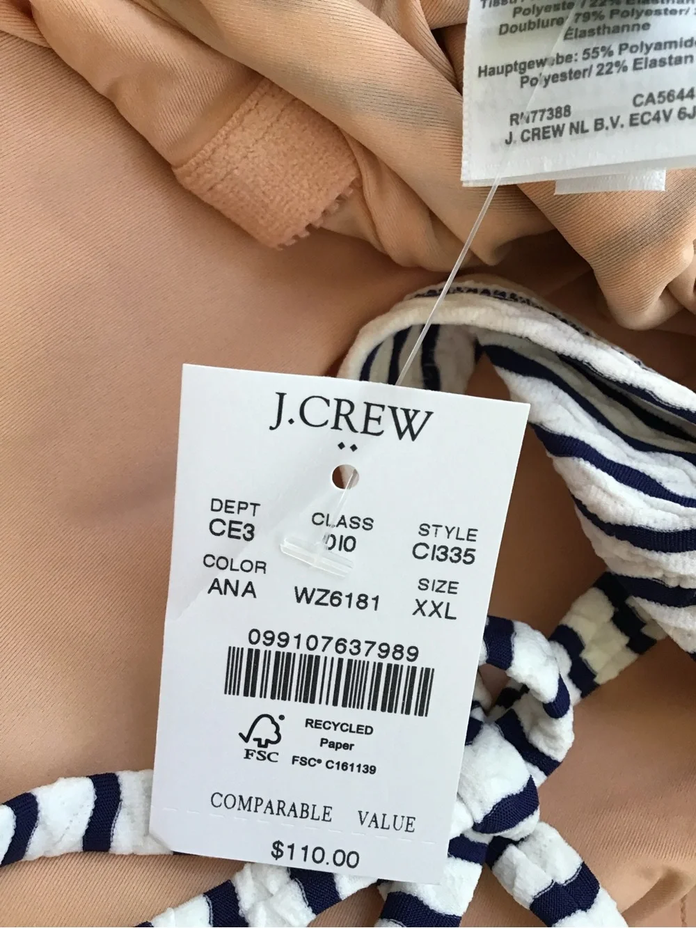J. Crew Navy & White Striped Tie-Shoulder‎ One-Piece Swimsuit XXL Nautical NWT
